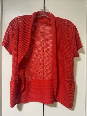 Open-Front Short-Sleeve Knit Cardigan in Burnt Orange